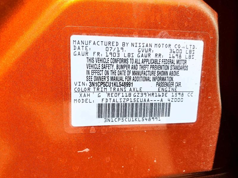 Продаж на аукціоні авто 2019 Nissan Kicks, vin: 3N1CP5CU1KL548991, номер лоту: 58333676