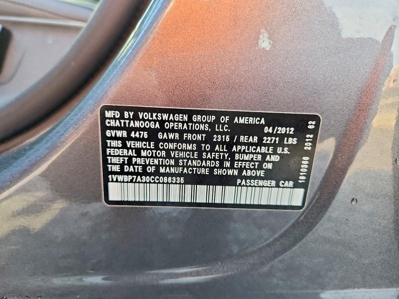 Aukcja sprzedaży 2012 Volkswagen Passat, vin: 1VWBP7A30CC086335, numer aukcji: 52711636