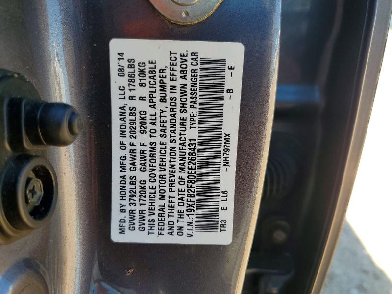 57353446 :رقم المزاد ، 19XFB2F80EE268431 vin ، 2014 Honda Civic مزاد بيع