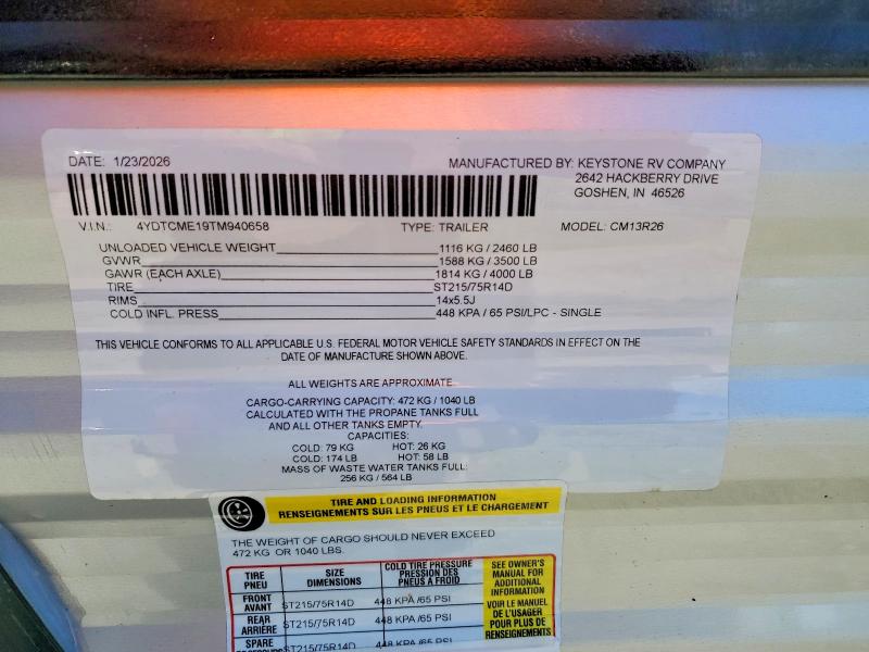 Продаж на аукціоні авто 2026 Keystone Coleman, vin: 4YDTCME19TM940658, номер лоту: 56789936