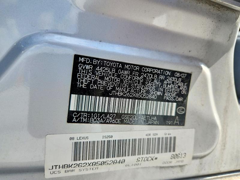 Aukcja sprzedaży 2008 Lexus Is, vin: JTHBK262X85052840, numer aukcji: 55841816