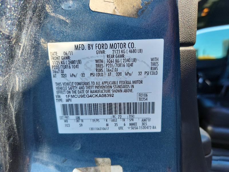 2012 Ford Escape მანქანა იყიდება აუქციონზე, vin: 1FMCU9EG4CKA08392, აუქციონის ნომერი: 56875976