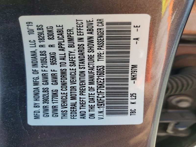 Aukcja sprzedaży 2019 Honda Civic, vin: 19XFC1F76KE216053, numer aukcji: 58975486