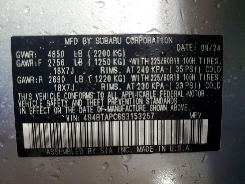 2025 Subaru Outback მანქანა იყიდება აუქციონზე, vin: 4S4BTAPC6S3153257, აუქციონის ნომერი: 56252346
