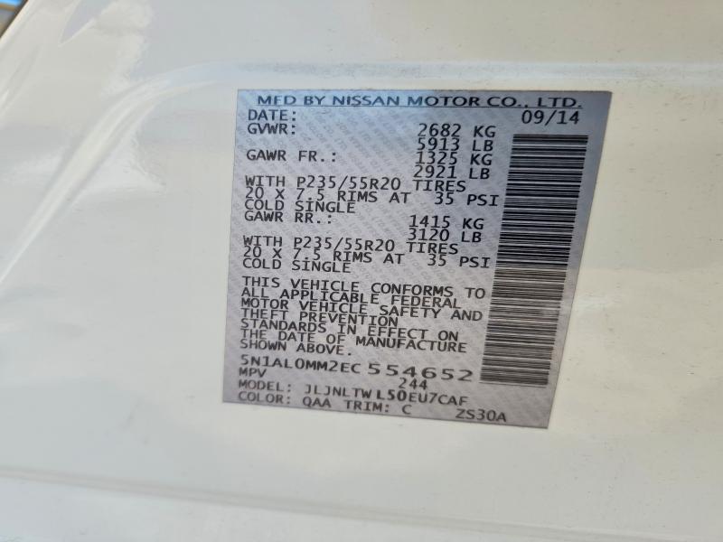 58505776 :رقم المزاد ، 5N1AL0MM2EC554652 vin ، 2014 Infiniti Qx60 مزاد بيع