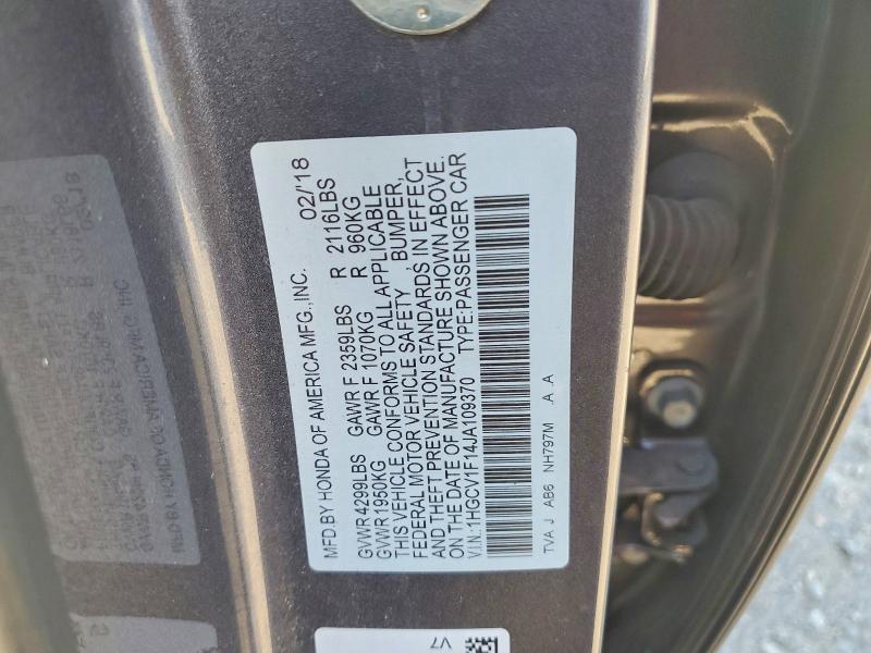 56855476 :رقم المزاد ، 1HGCV1F14JA109370 vin ، 2018 Honda Accord مزاد بيع