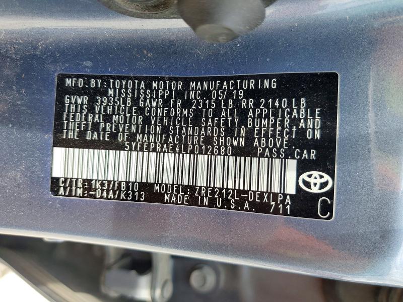 2020 Toyota Corolla მანქანა იყიდება აუქციონზე, vin: 5YFEPRAE4LP012680, აუქციონის ნომერი: 58747436