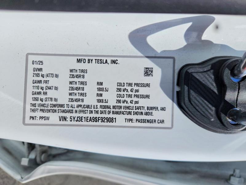 Продажа на аукционе авто 2025 Tesla Model 3, vin: 5YJ3E1EA9SF929081, номер лота: 58919166