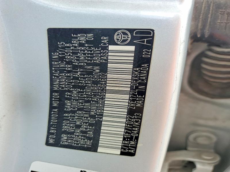Aukcja sprzedaży 2016 Toyota Corolla, vin: 2T1BURHE5GC564602, numer aukcji: 57052256