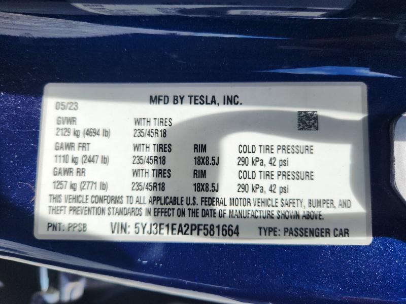 Продажа на аукционе авто 2023 Tesla Model 3, vin: 5YJ3E1EA2PF581664, номер лота: 56926666