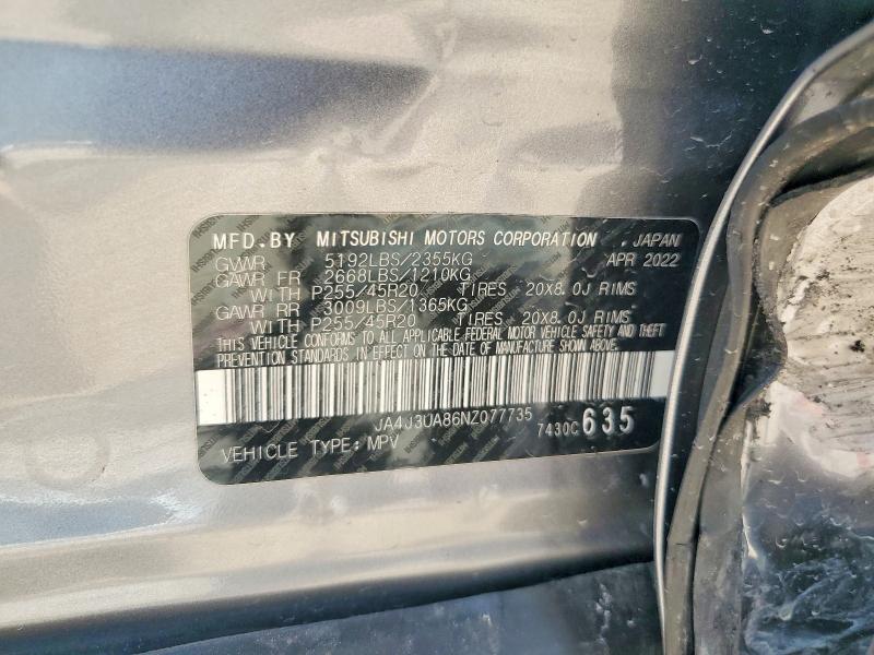 2022 Mitsubishi Outlander მანქანა იყიდება აუქციონზე, vin: JA4J3UA86NZ077735, აუქციონის ნომერი: 56850746