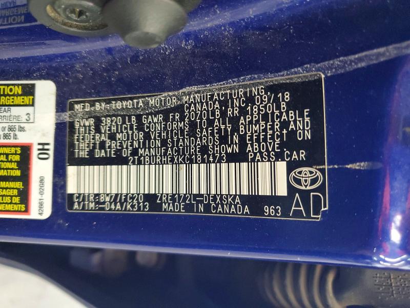 Продаж на аукціоні авто 2019 Toyota Corolla, vin: 2T1BURHEXKC181473, номер лоту: 57957256