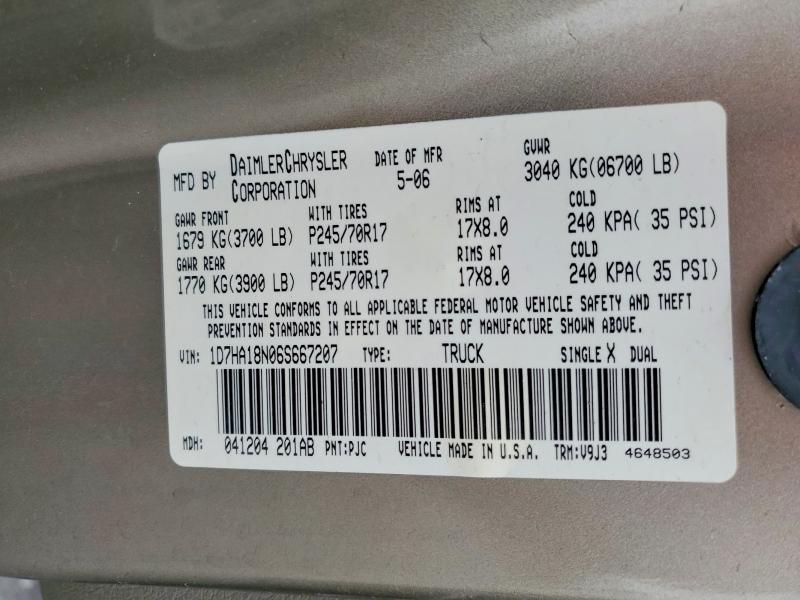 Aukcja sprzedaży 2006 Dodge Ram 1500, vin: 1D7HA18N06S667207, numer aukcji: 58046236