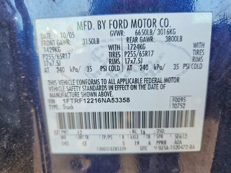 2006 Ford F150 მანქანა იყიდება აუქციონზე, vin: 1FTRF12216NA53358, აუქციონის ნომერი: 56797566