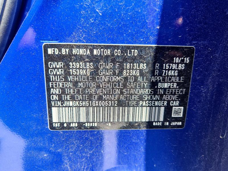 Aukcja sprzedaży 2016 Honda Fit, vin: JHMGK5H51GX005312, numer aukcji: 56970496
