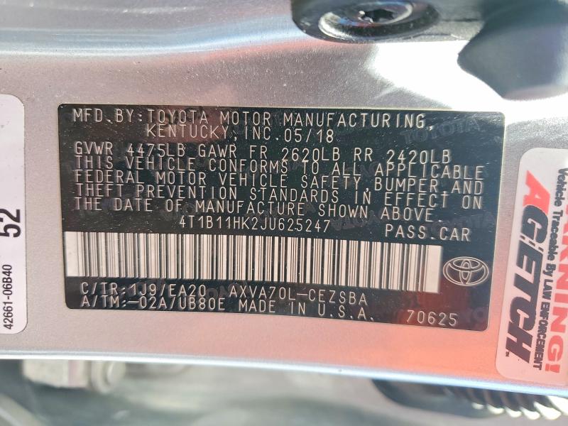 Aukcja sprzedaży 2018 Toyota Camry, vin: 4T1B11HK2JU625247, numer aukcji: 55839296