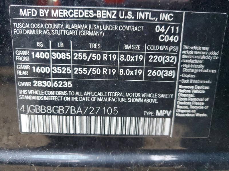 57441416 :رقم المزاد ، 4JGBB8GB7BA727105 vin ، 2011 Mercedes-benz Ml مزاد بيع