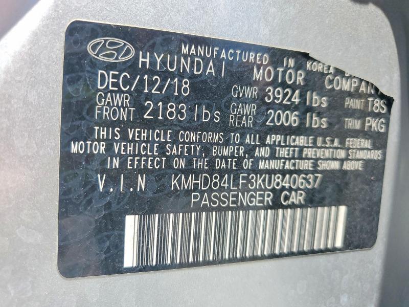 Aukcja sprzedaży 2019 Hyundai Elantra, vin: KMHD84LF3KU840637, numer aukcji: 55712996