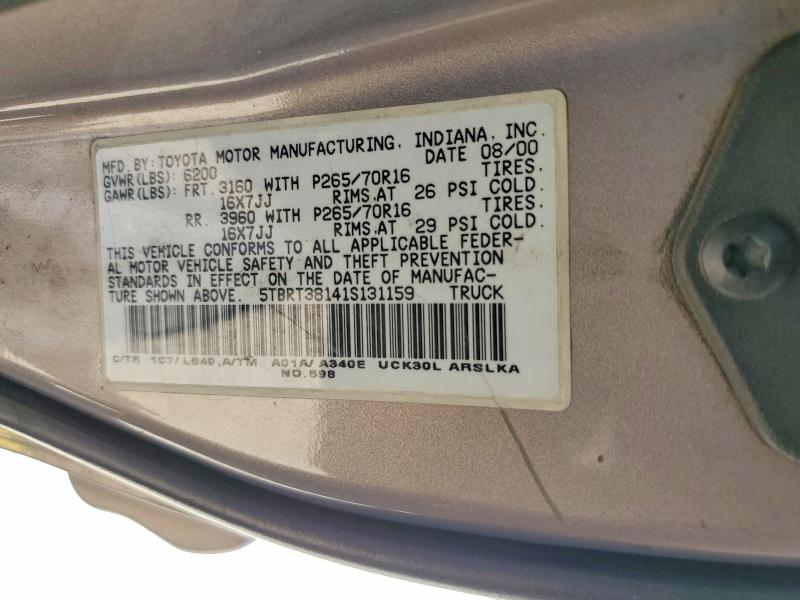 2001 Toyota Tundra მანქანა იყიდება აუქციონზე, vin: 5TBRT38141S131159, აუქციონის ნომერი: 56185386