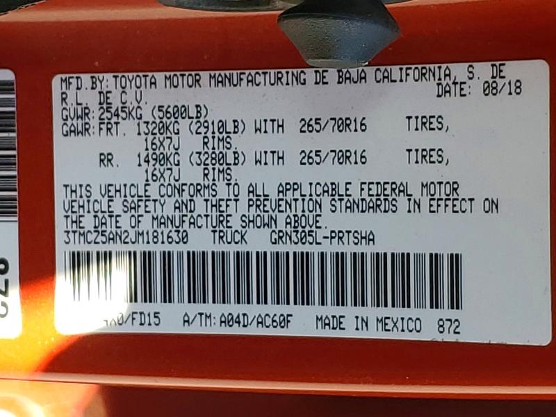 58456096 :رقم المزاد ، 3TMCZ5AN2JM181630 vin ، 2018 Toyota Tacoma مزاد بيع