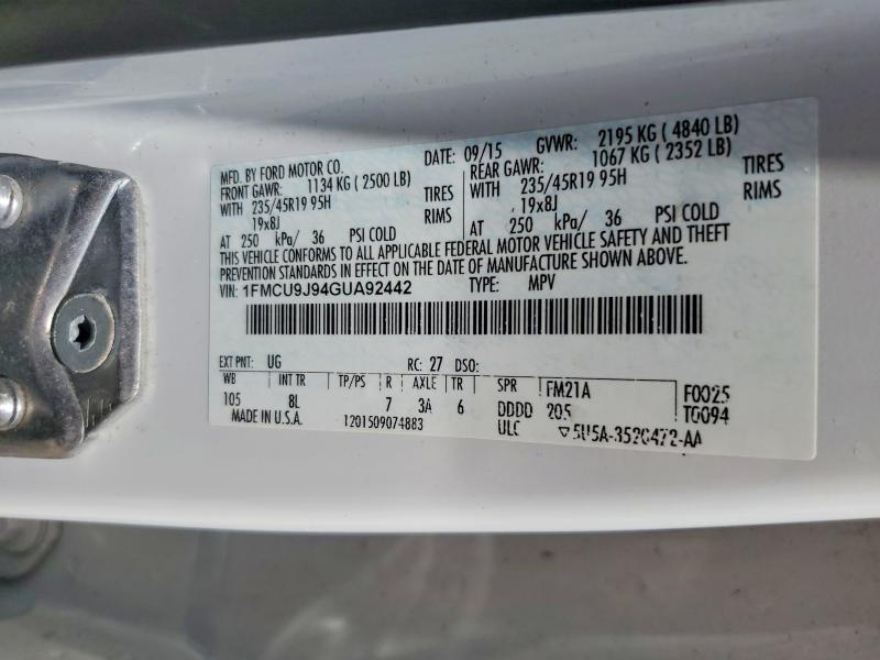 2016 Ford Escape მანქანა იყიდება აუქციონზე, vin: 1FMCU9J94GUA92442, აუქციონის ნომერი: 59167636