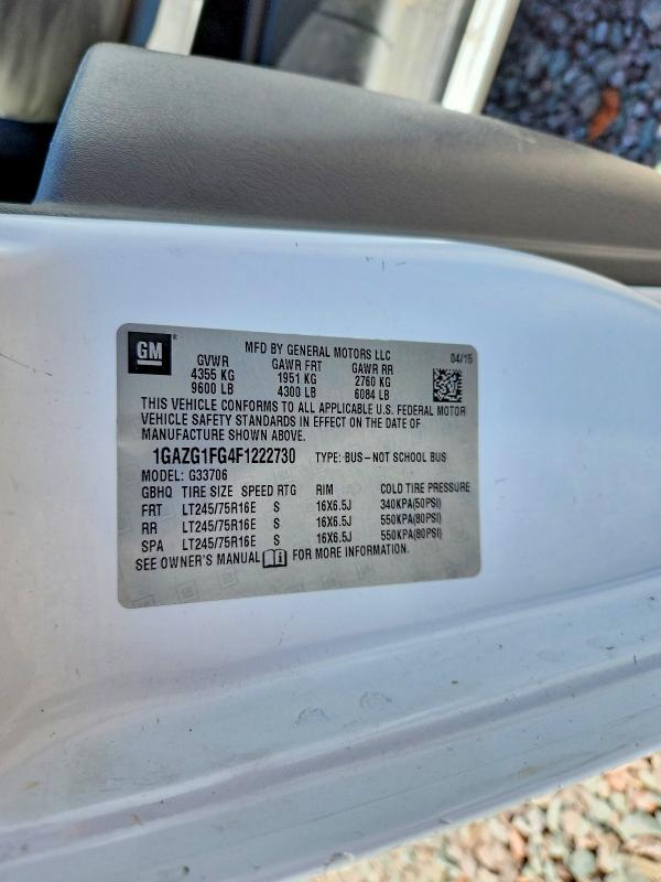 2015 Chevrolet Express G3500 მანქანა იყიდება აუქციონზე, vin: 1GAZG1FG4F1222730, აუქციონის ნომერი: 58055496