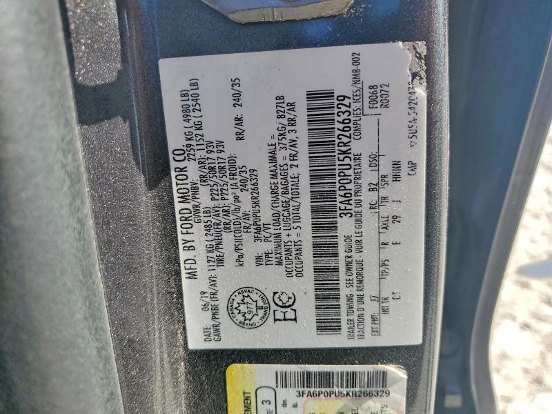 58110076 :رقم المزاد ، 3FA6P0PU5KR266329 vin ، 2019 Ford Fusion مزاد بيع
