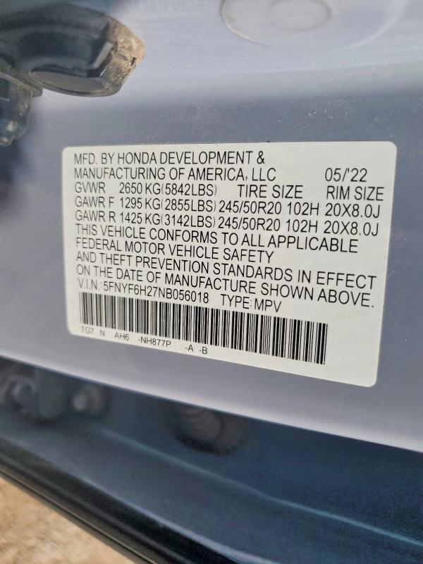 Auction sale of the 2022 Honda Pilot, vin: 5FNYF6H27NB056018, lot number: 58324426
