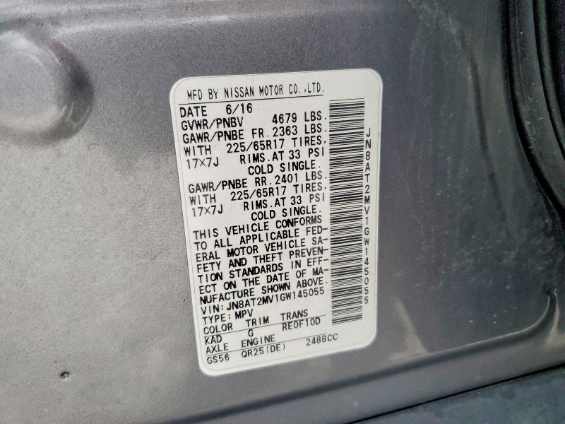56968566 :رقم المزاد ، JN8AT2MV1GW145055 vin ، 2016 Nissan Rogue مزاد بيع