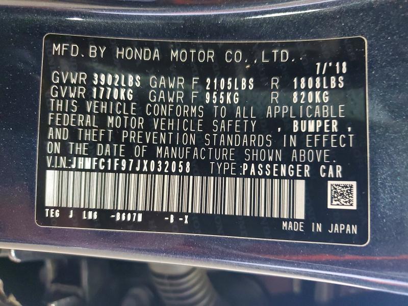 2018 Honda Civic მანქანა იყიდება აუქციონზე, vin: JHMFC1F97JX032058, აუქციონის ნომერი: 58434696