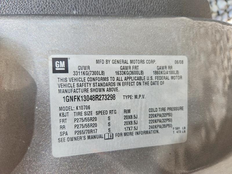 2008 Chevrolet Tahoe მანქანა იყიდება აუქციონზე, vin: 1GNFK13048R273298, აუქციონის ნომერი: 57324126
