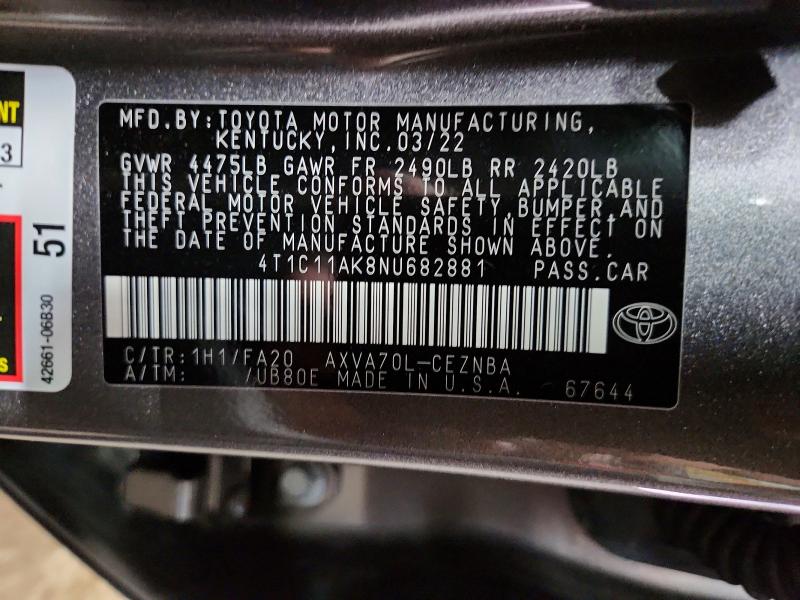 2022 Toyota Camry მანქანა იყიდება აუქციონზე, vin: 4T1C11AK8NU682881, აუქციონის ნომერი: 58692006