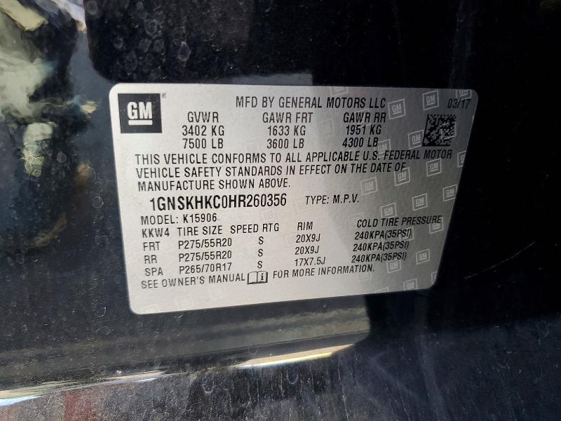 2017 Chevrolet Suburban მანქანა იყიდება აუქციონზე, vin: 1GNSKHKC0HR260356, აუქციონის ნომერი: 57090536