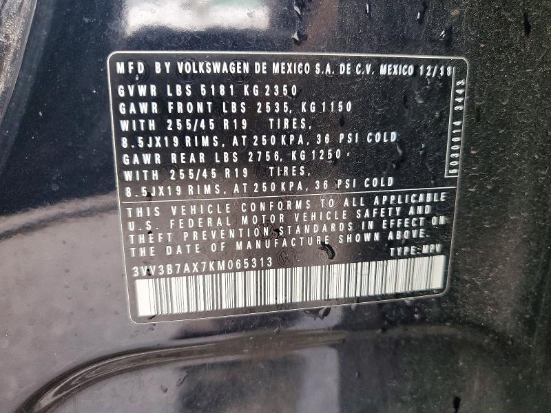 2019 Volkswagen Tiguan მანქანა იყიდება აუქციონზე, vin: 3VV3B7AX7KM065313, აუქციონის ნომერი: 57445316