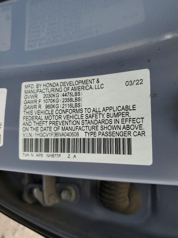 Aukcja sprzedaży 2022 Honda Accord, vin: 1HGCV1F36NA040608, numer aukcji: 57873936