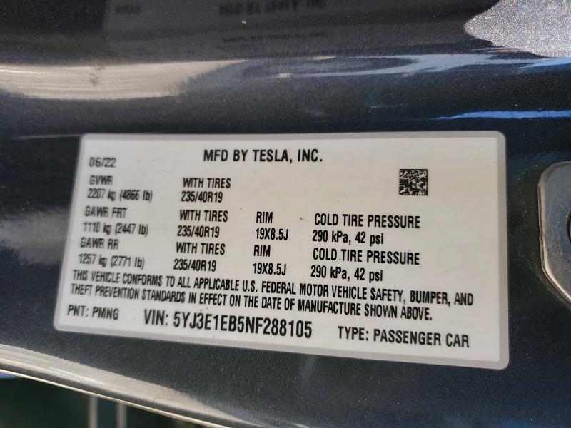 Продажа на аукционе авто 2022 Tesla Model 3, vin: 5YJ3E1EB5NF288105, номер лота: 57260206