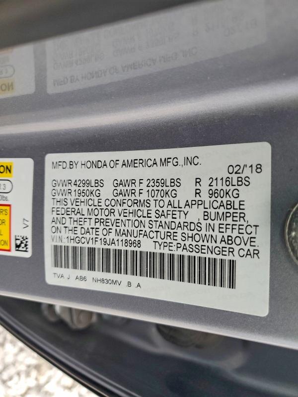 Продаж на аукціоні авто 2018 Honda Accord, vin: 1HGCV1F19JA118968, номер лоту: 58616426