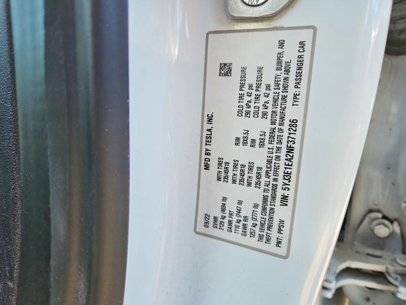Продаж на аукціоні авто 2022 Tesla Model 3, vin: 5YJ3E1EA2NF371286, номер лоту: 57069546