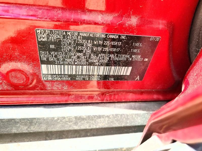 55694206 :رقم المزاد ، 2T3H1RFV2LW093661 vin ، 2020 Toyota Rav4 مزاد بيع