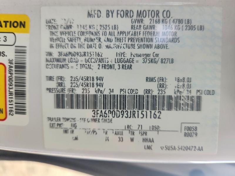 56161166 :رقم المزاد ، 3FA6P0D93JR151162 vin ، 2018 Ford Fusion مزاد بيع