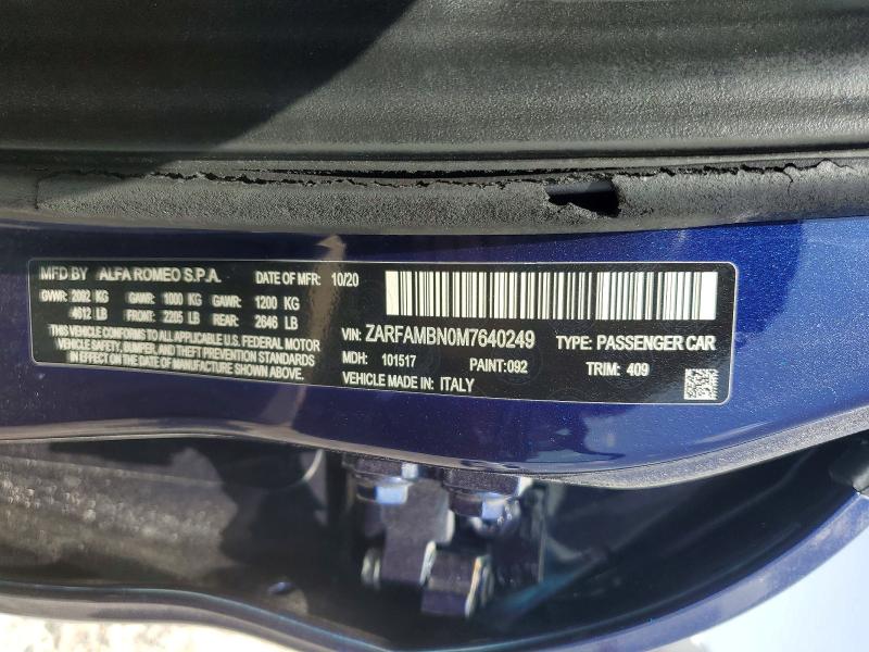 2021 Alfa Romeo Giulia მანქანა იყიდება აუქციონზე, vin: ZARFAMBN0M7640249, აუქციონის ნომერი: 58899146