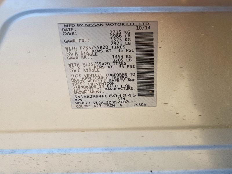 57204226 :رقم المزاد ، 5N1AR2MN4FC604245 vin ، 2015 Nissan Pathfinder مزاد بيع
