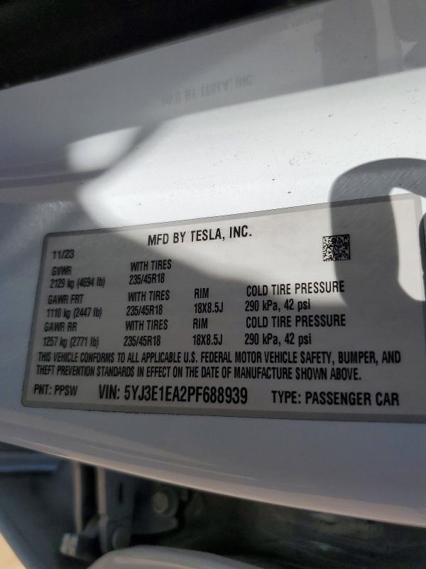 Продаж на аукціоні авто 2023 Tesla Model 3, vin: 5YJ3E1EA2PF688939, номер лоту: 56975676