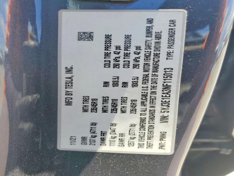 Aukcja sprzedaży 2022 Tesla Model 3, vin: 5YJ3E1EA3NF115013, numer aukcji: 54536726