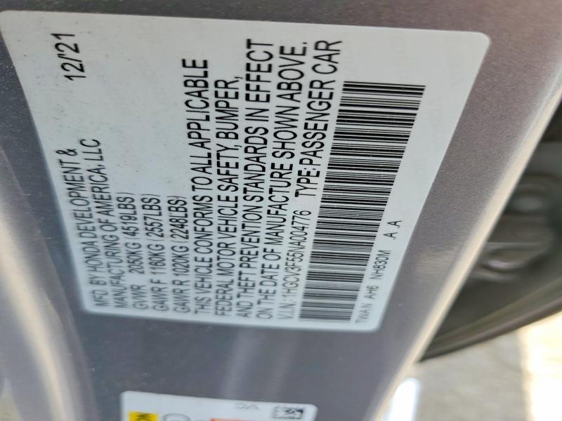 Aukcja sprzedaży 2022 Honda Accord, vin: 1HGCV3F55NA004776, numer aukcji: 55918746