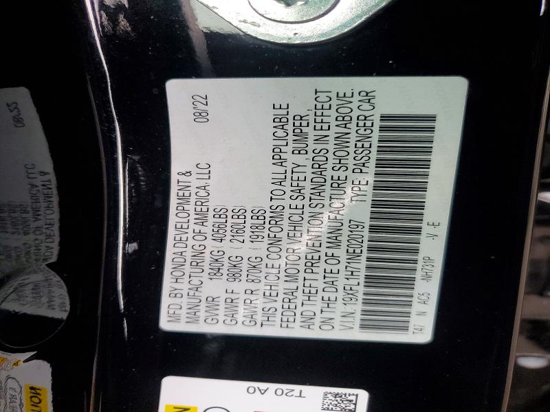 58990246 :رقم المزاد ، 19XFL1H71NE020197 vin ، 2022 Honda Civic مزاد بيع