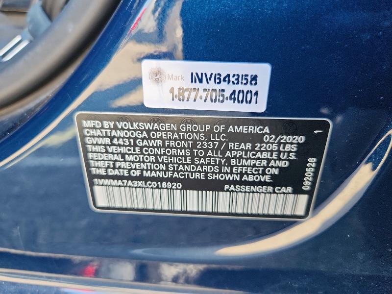 Продажа на аукционе авто 2020 Volkswagen Passat, vin: 1VWMA7A3XLC016920, номер лота: 57589286