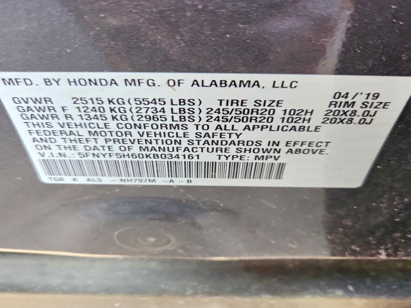 2019 Honda Pilot მანქანა იყიდება აუქციონზე, vin: 5FNYF5H60KB034161, აუქციონის ნომერი: 57968346