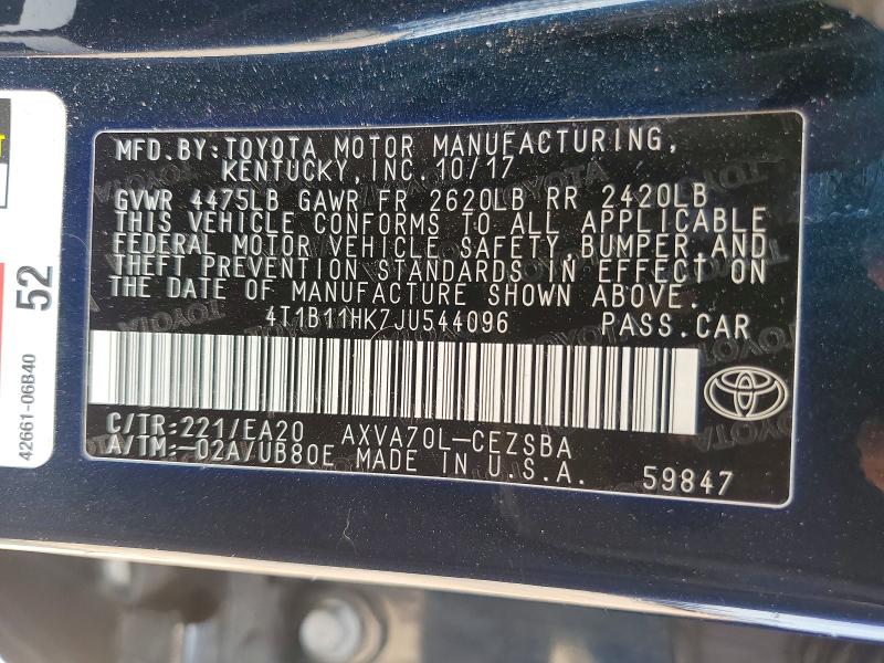 Продажа на аукционе авто 2018 Toyota Camry, vin: 4T1B11HK7JU544096, номер лота: 58804656