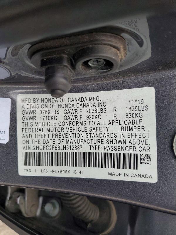 Продаж на аукціоні авто 2020 Honda Civic, vin: 2HGFC2F66LH512887, номер лоту: 55798486